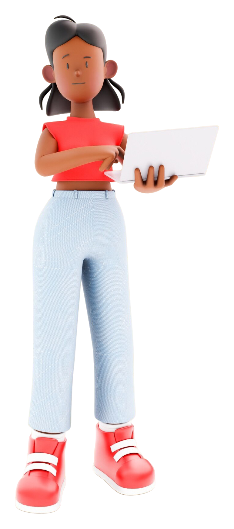 Friendly 3D character working on a laptop