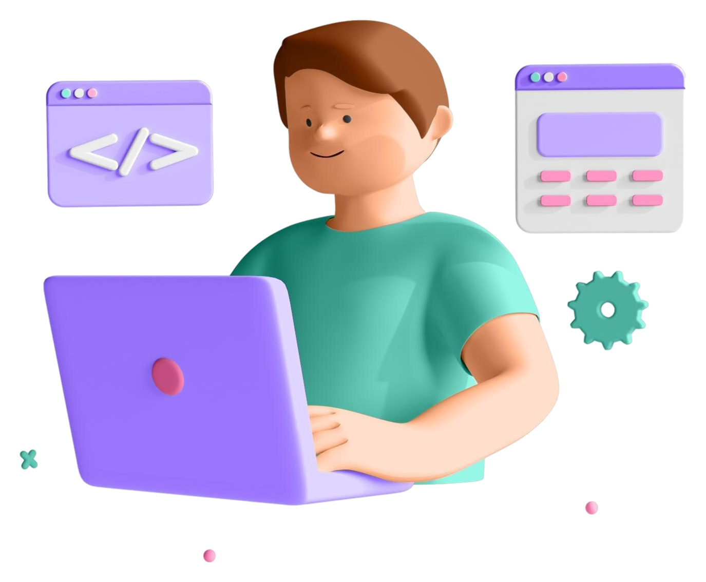Friendly 3D developer coding on a laptop